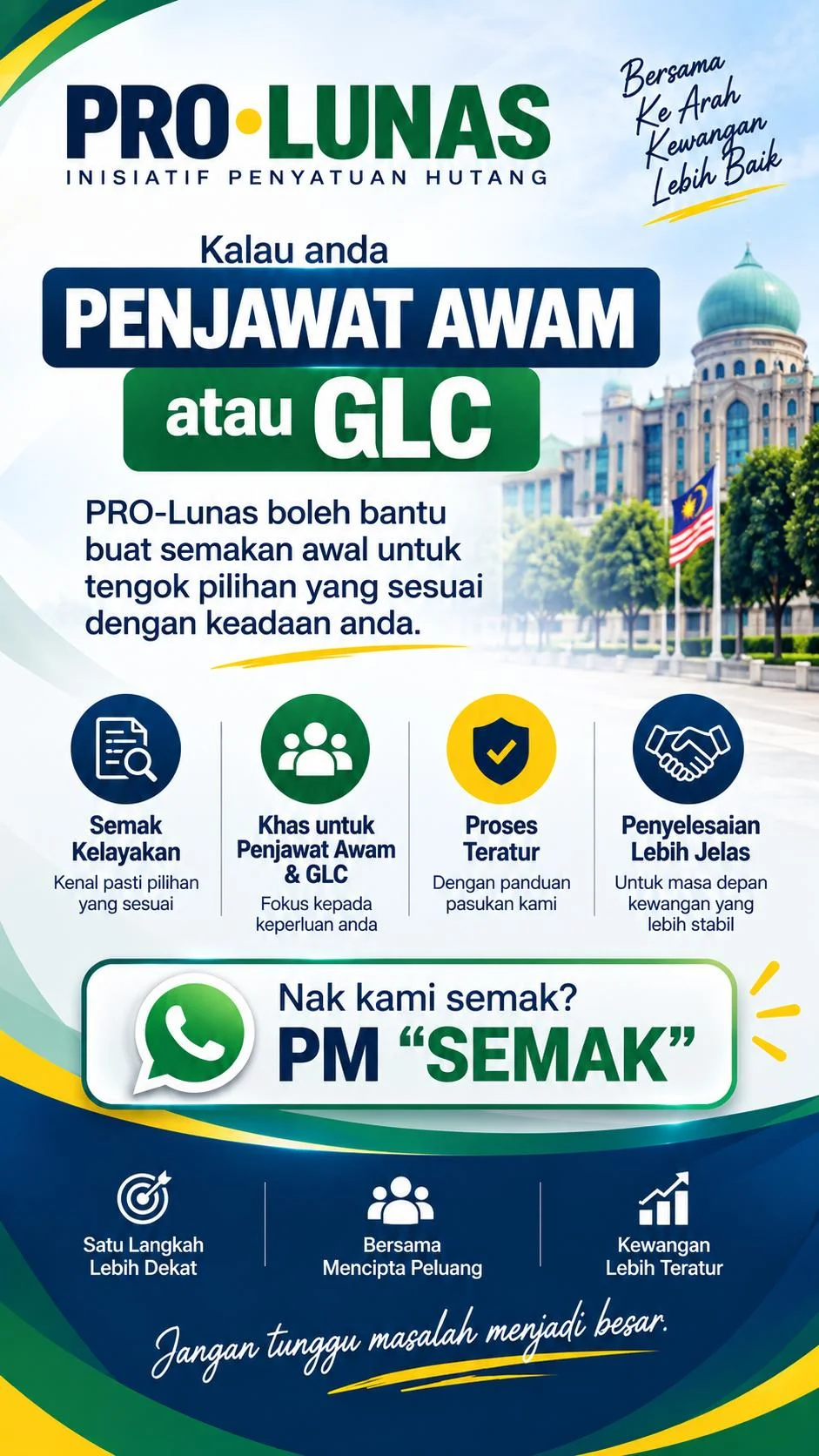 Poster PRO-LUNAS tentang semakan kelayakan penjawat awam dan GLC